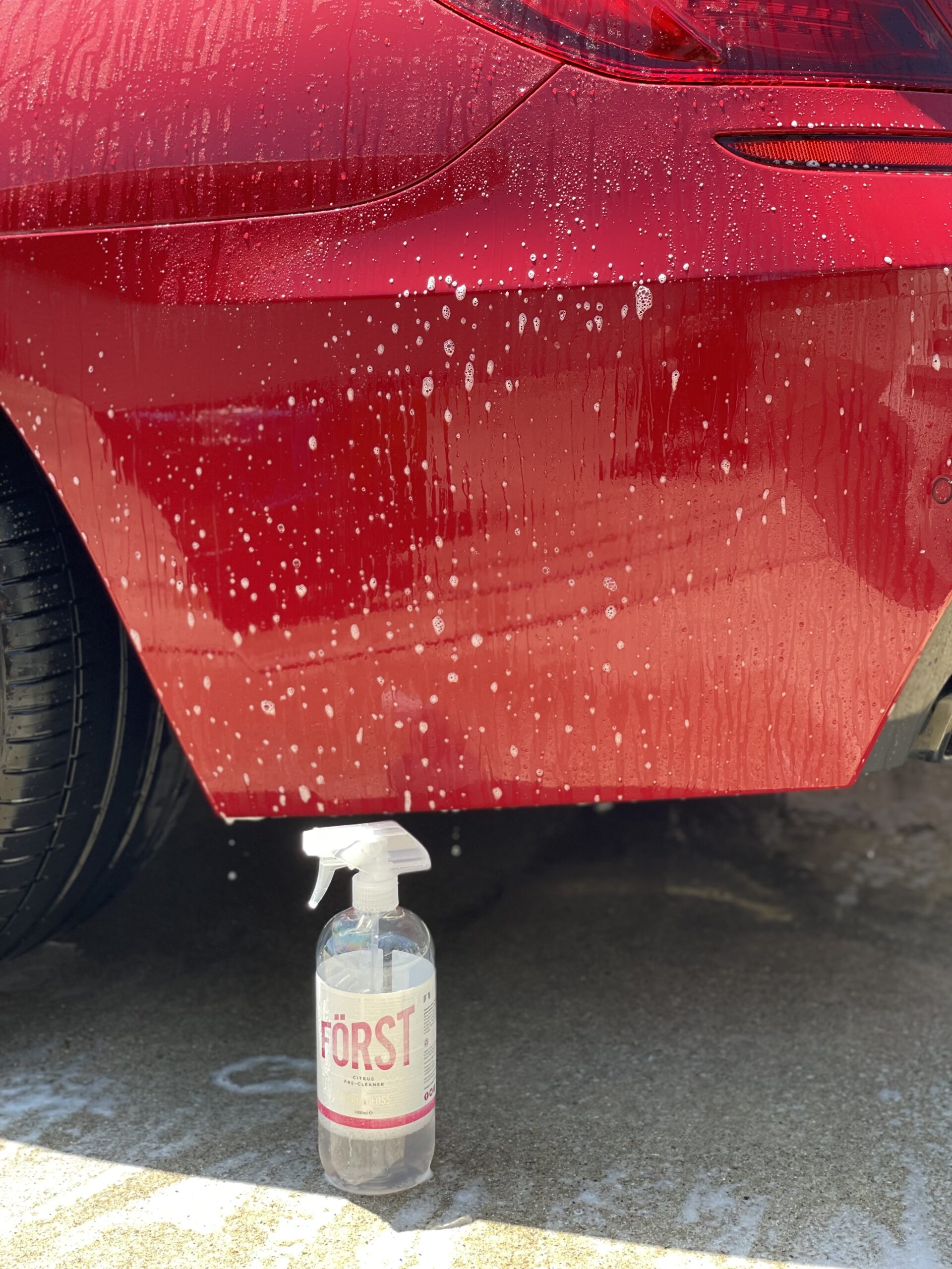 シャーナグロス STJARNAGLOSS FÖRST-CITRUS PRE-CLEANER を腰下に吹き掛けた状態