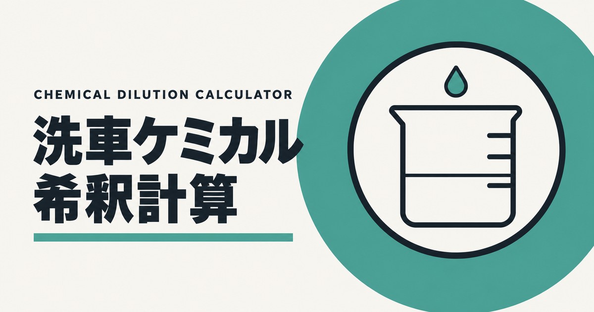 洗車ケミカル希釈計算ツールのアイキャッチ画像。ティールの円の中に、計量ビーカーと上から落ちる滴を描いた図。