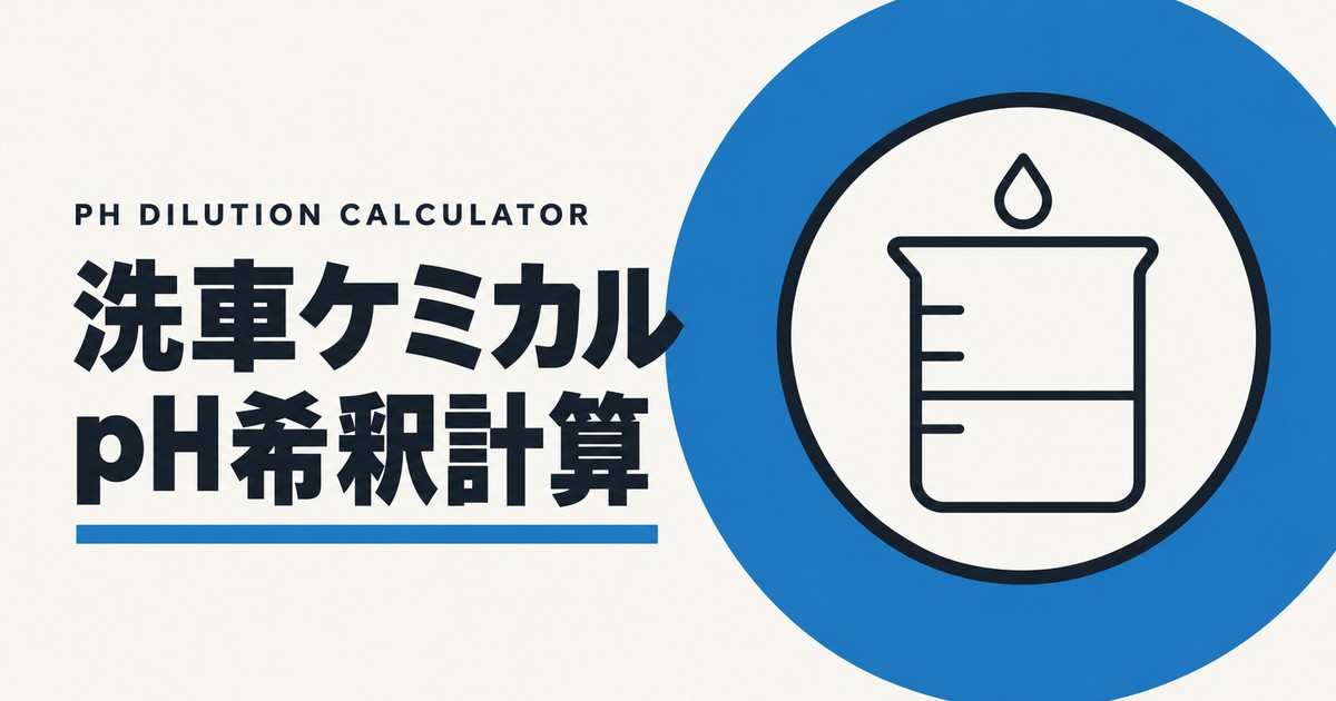 洗車ケミカルpH希釈計算ツールのアイキャッチ画像。濃い青の円の中に、ビーカーと落ちる水滴を描いた図。