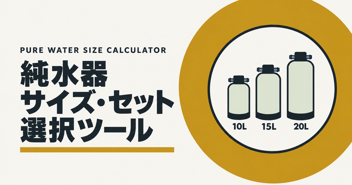 純水器サイズ・セット選択ツールのアイキャッチ画像。ゴールドの円の中に、10L・15L・20Lの純水器タンク3本を描いた図。
